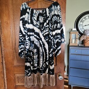 Black and White Tie-Dye Midi Dress with Fringe Womebs M L